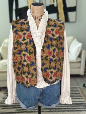 Ultra Vintage Hand Made in Bali Floral Batik Beaded Button-Front Vest